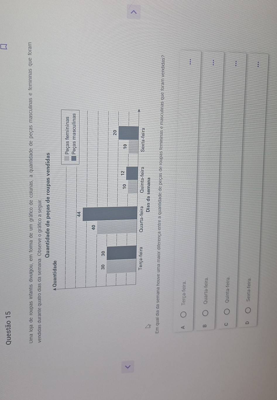 Uma loja de roupas infantis divulgou, em forma de um gráfico de colunas, a quantidade de peças masculinas e femininas que foram
vendidas durante quatro dias da semana. Observe o gráfico a seguir.
Quantidade de peças de roupas vendidas
Em qual dia da semana houve uma maior diferença entre a quantidade de peças de roupas femininas e masculinas que foram vendidas?
A Terça-feira.
.
B Quarta-feira.
C Quinta-feira.
...
Sexta-feira.
..