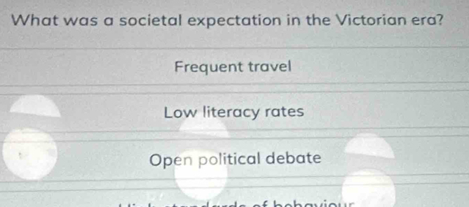 What was a societal expectation in the Victorian era?
Frequent travel
Low literacy rates
Open political debate