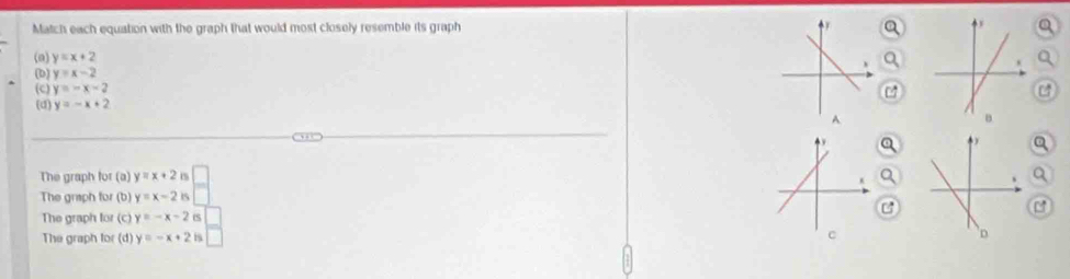 Match each equation with the graph that would most closely resemble its graph
(0) y=x+2
(D) y=x-2
(c) y=-x-2
(d) y=-x+2
The graph for (a) y=x+2
The graph for (b) y=x-2 1
The graph for (c) y=-x-2
The graph for (d) y=-x+2 1