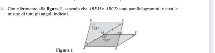 Con riferimento alla figura 1, sapendo che ABEM e ABCD sono parallelogrammi, ricava le
misure di tutti gli angoli indicati.
Figura 1