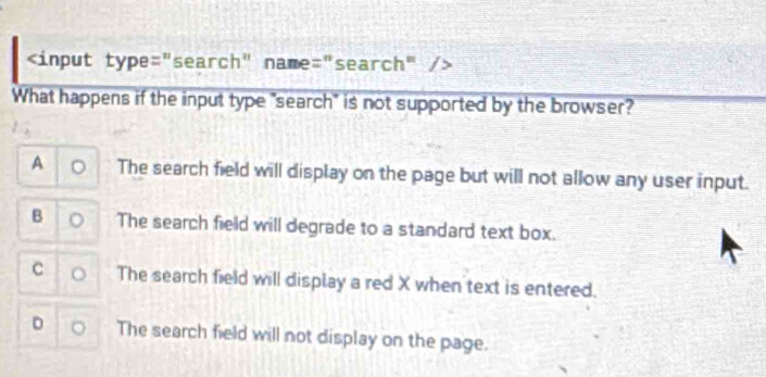 A The search field will display on the page but will not allow any user input.
B The search field will degrade to a standard text box.
C The search field will display a red X when text is entered.
D The search field will not display on the page.