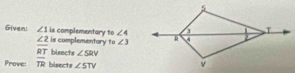 Given: ∠ 1 is complementary to ∠ 4
∠ 2 is complementary to ∠ 3
overline RT bisects ∠ SRV
Prove: overline TR bisects ∠ STV