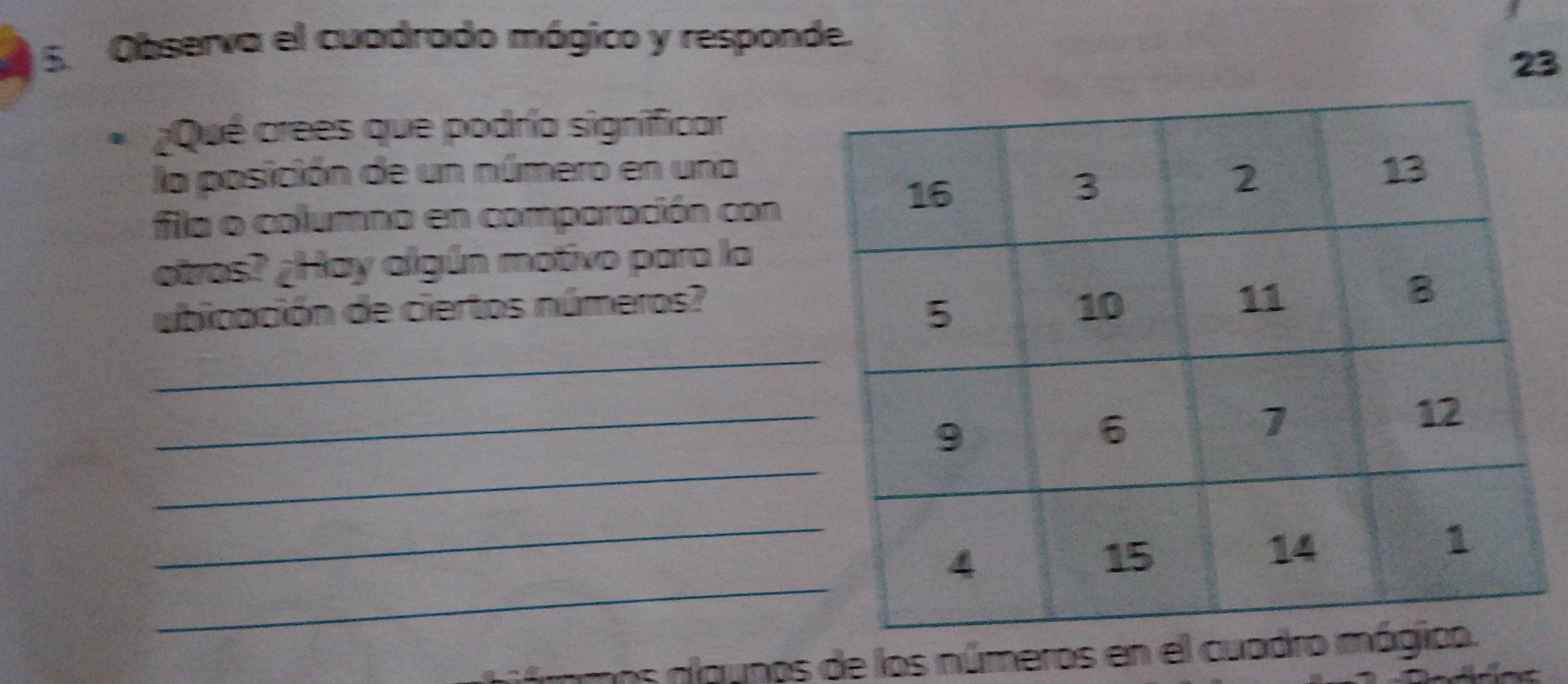 Observa el cuadrado mágico y responde. 
23 
¿Qué crees que podría significar 
la posición de un número en una 
fila o columna en comparación con 
otros? ¿Hay algún motivo para la 
ubicación de ciertos números? 
_ 
_ 
_ 
_ 
_ 
ummos alaunos de los números en el cua