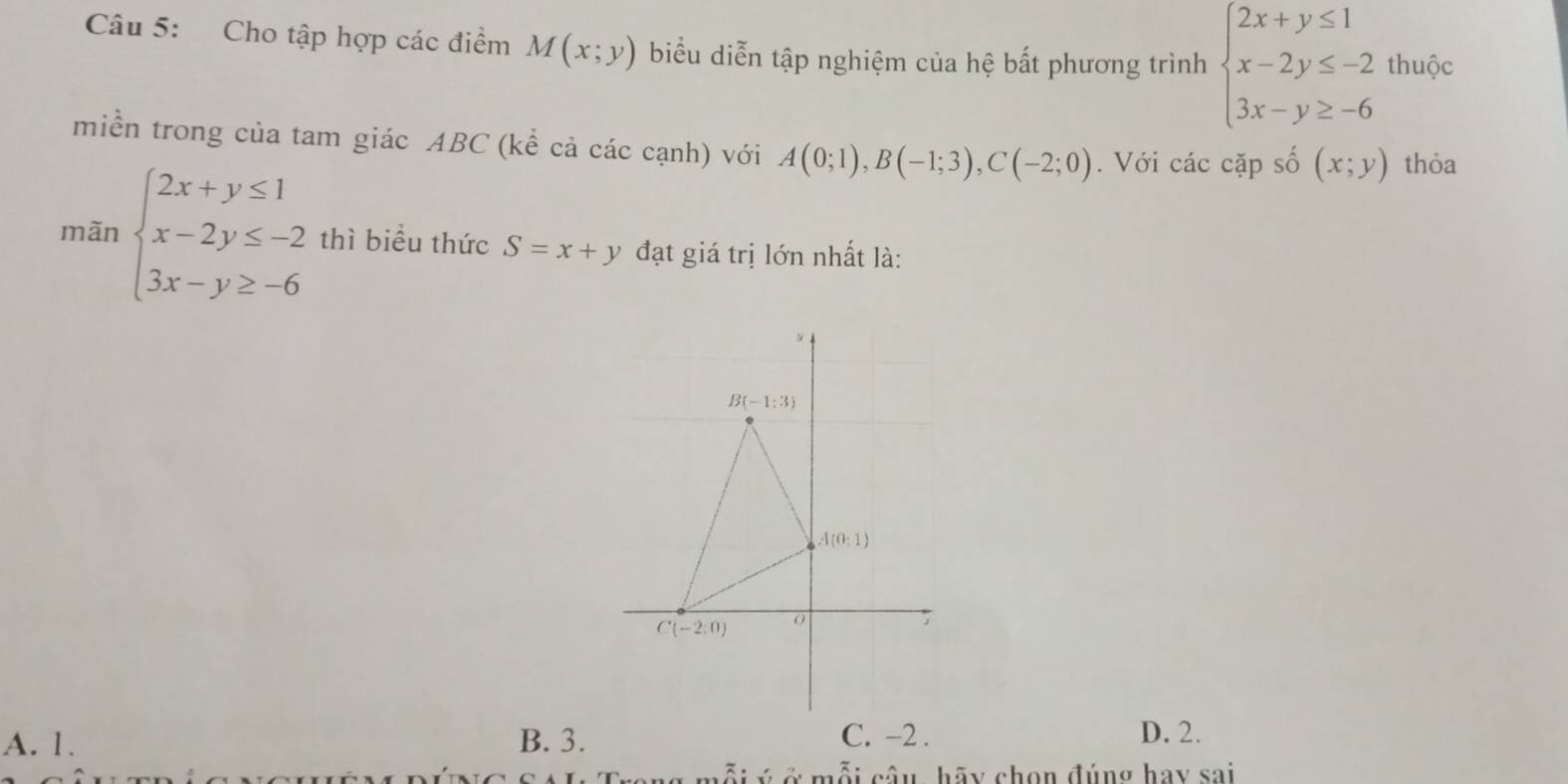 Cho tập hợp các điểm M(x;y) biểu diễn tập nghiệm của hệ bất phương trình beginarrayl 2x+y≤ 1 x-2y≤ -2 3x-y≥ -6endarray. thuộc
miền trong của tam giác ABC (kể cả các cạnh) với A(0;1),B(-1;3),C(-2;0). Với các cặp số (x;y) thỏa
mãn beginarrayl 2x+y≤ 1 x-2y≤ -2 3x-y≥ -6endarray. thì biểu thức S=x+y đạt giá trị lớn nhất là:
A. 1. B. 3. C. −2 . D. 2.
. mỗi câu, hãy chọn đúng hay sai