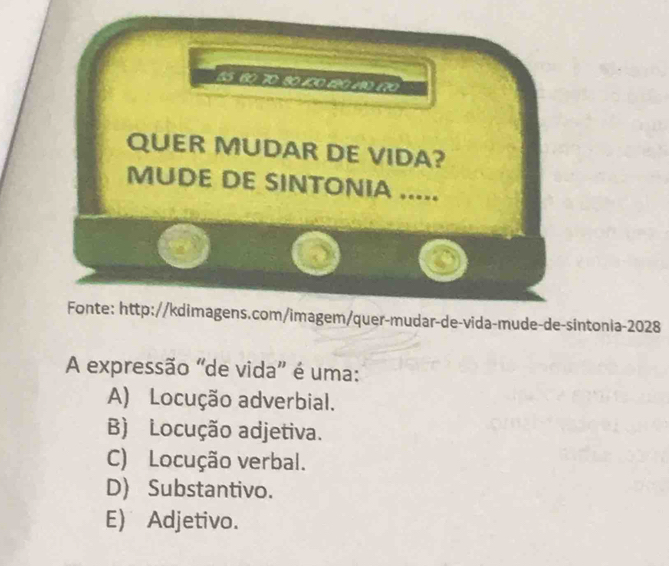 6560 7080 100 120 10 170
QUER MUDAR DE VIDA?
MUDE DE SINTONIA .....
Fonte: http://kdimagens.com/imagem/quer-mudar-de-vida-mude-de-sintonia-2028
A expressão "de vida" é uma:
A) Locução adverbial.
B) Locução adjetiva.
C) Locução verbal.
D) Substantivo.
E) Adjetivo.