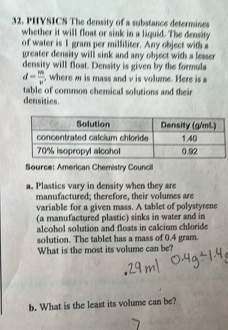 Solved: PHVSICS The density of a substance determines whether it will ...