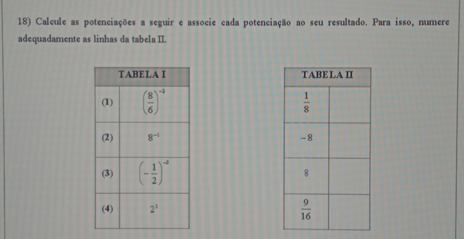 Calcule as potenciações a seguir e associe cada potenciação ao seu resultado. Para isso, numere
adequadamente as linhas da tabela II.