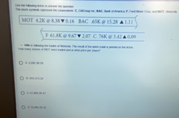 Use the following ticker to answer the question.
The stock symbols represent the corporations: C, CitiGroup Inc; BAC, Bank of America; F, Ford Motor Corp; and MOT, Motorola
MOT 4.2K @ 8.38 0.16 BAC . 65K @ 15.28 ▲ 1.11
F 61.8K @ 9.67 2.07 C 76K @ 3.42 ▲ 0.09
→ Millie is following the trades of Motorola. The result of the latest trade is posted on the ticker.
How many shares of MOT were traded and at what price per share?
A. 4, 200, $8.38
B 650; $1 5.28
C. 61,800; 99.67
D 76:000, 83 42