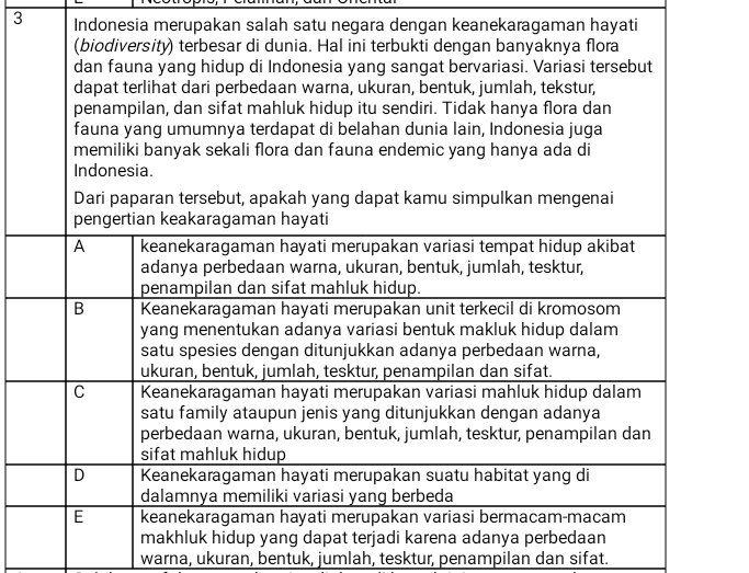 Indonesia merupakan salah satu negara dengan keanekaragaman hayati 
warna, ukuran, bentuk, jumlah, tesktur, penampilan dan sifat.