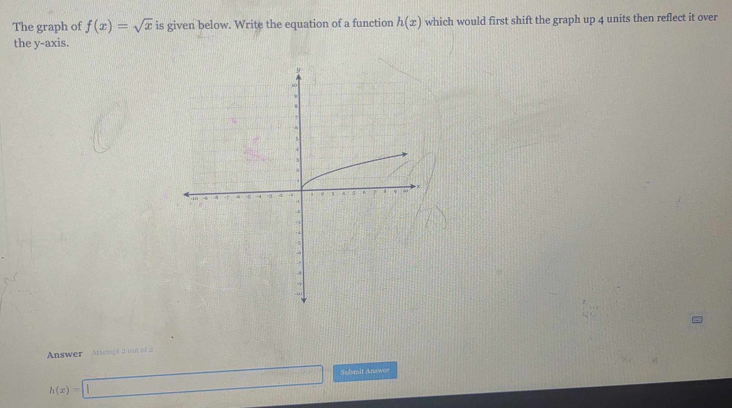 The graph of f(x)=sqrt(x) is given below. Write the equation of a function h(x) which would first shift the graph up 4 units then reflect it over 
the y-axis. 
Answer Attempt 2 out of 2
h(x)=□ Submit Answer