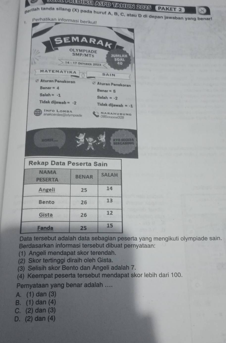 Jualpkediksı ASPD Taḥun 2025 PAKET 2 ×
Berilah tanda silang (X) pada huruf A, B, C, atau D di depan jawaban yang benar!
1.
Perhatikan informasi berikut!
SEMARAK
OLYMPIADE SMP/MTS JUMLAH
SOAL
14 - 17 Oktober 2023 4o
MATEMATIKA SAIN
Aturan Penskoran Aturan Penskoran
Benar =4
Benar =5
Salah =-1 Salah =-2
Tidak dijawab =-2 Tidak dijawab =-1
N A R A H U B U NG
085xxxxx008
ROREE AVO SEGERA
Data tersebut adalah data sebagian peserta yang mengikuti olympiade sain.
Berdasarkan informasi tersebut dibuat pernyataan:
(1) Angeli mendapat skor terendah.
(2) Skor tertinggi diraih oleh Gista.
(3) Selisih skor Bento dan Angeli adalah 7.
(4) Keempat peserta tersebut mendapat skor lebih dari 100.
Pernyataan yang benar adalah ....
A. (1) dan (3)
B. (1) dan (4)
C. (2) dan (3)
D. (2) dan (4)