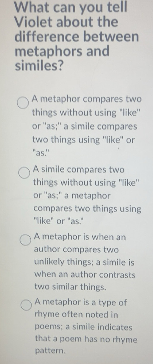 Solved: What can you tell Violet about the difference between metaphors ...