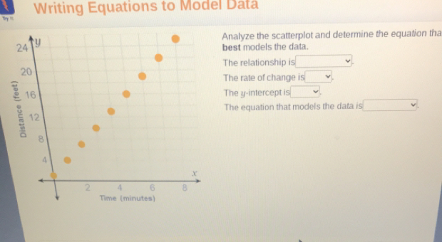 Writing Equations to Model Data
'ery ''
Analyze the scatterplot and determine the equation tha
best models the data.
The relationship is □
The rate of change is □
The y-intercept is □.
The equation that models the data is □