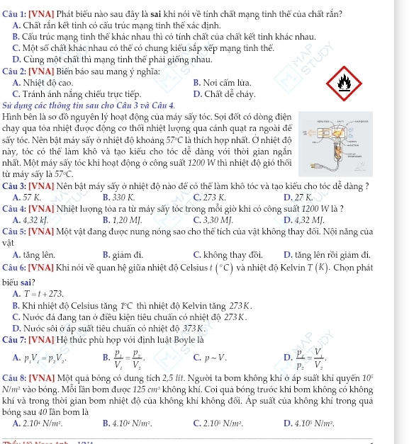 [VNA] Phát biểu nào sau đây là sai khi nói về tính chất mạng tinh thể của chất rắn?
A. Chất rắn kết tinh có cấu trúc mạng tinh thể xác định.
B. Cấu trúc mạng tinh thể khác nhau thì có tính chất của chất kết tinh khác nhau.
C. Một số chất khác nhau có thể có chung kiểu sắp xếp mạng tinh thể.
D. Cùng một chất thì mạng tinh thể phải giống nhau.
Câu 2: [VNA] Biển báo sau mang ý nghĩa:
A. Nhiệt độ cao. B. Nơi cấm lửa.
C. Tránh ánh nắng chiếu trực tiếp. D. Chất dễ cháy.
Sử dụng các thông tin sau cho Câu 3 và Câu 4.
Hình bên là sơ đồ nguyên lý hoạt động của máy sấy tóc. Sợi đốt có dòng điện
chạy qua tóỏa nhiệt được động cơ thổi nhiệt lượng qua cánh quạt ra ngoài để
sấy tóc. Nên bật máy sấy ở nhiệt độ khoảng 57°C là thích hợp nhất. Ở nhiệt độ
này, tóc có thể làm khô và tạo kiểu cho tóc dễ dàng với thời gian ngắn
nhất. Một máy sấy tóc khi hoạt động ở công suất 1200 W thì nhiệt độ gió thối
từ máy sấy là 57°C.
Câu 3: [VNA] Nên bật máy sấy ở nhiệt độ nào để có thể làm khô tóc và tạo kiểu cho tóc dễ dàng ?
A. 57 K. B. 330 K. C. 273 K. D. 27 K.
Câu 4: [VNA] Nhiệt lượng tỏa ra từ máy sấy tóc trong mỗi giờ khi có công suất 1200 W là ?
A. 4,32 kJ. B. 1,20 MJ. C. 3,30 MJ. D. 4,32 MJ.
Câu 5: [VNA] Một vật đang được nung nóng sao cho thể tích của vật không thay đổi. Nội năng của
vật
A. tăng lên. B. giảm đi. C. không thay đồi. D. tăng lên rồi giảm đi.
Câu 6: [VNA] Khi nói về quan hệ giữa nhiệt độ Celsius t(^circ C) và nhiệt độ Kelvin T(K). Chọn phát
biểu sai?
A. T=t+273.
B. Khi nhiệt độ Celsius tăng 1°C thì nhiệt độ Kelvin tăng 273 K .
C. Nước đá đang tan ở điều kiện tiêu chuẩn có nhiệt độ 273 K .
D. Nước sôi ở áp suất tiêu chuẩn có nhiệt độ 373 K.
Câu 7: [VNA] Hệ thức phù hợp với định luật Boyle là
A. p_1V_t=p_2V_2. B. frac p_1V_2=frac p_2V_2. C. psim V. D. frac p_1p_2=frac V_1V_2.
Câu 8: [VNA] Một quả bóng có dung tích 2,5 lít. Người ta bơm không khí ở áp suất khí quyến 10^5
N/m^2 vào bóng. Mỗi lân bơm được 125cm^3 không khí. Coi quả bóng trước khi bơm không có không
khí và trong thời gian bom nhiệt độ của không khí không đổi. Áp suất của không khí trong quả
bóng sau 40 lân bơm là
A. 2.10^4N/m^2. B. 4.10^4N/m^2. C. 2.10^5N/m^2. D. 4.10^5N/m^2.