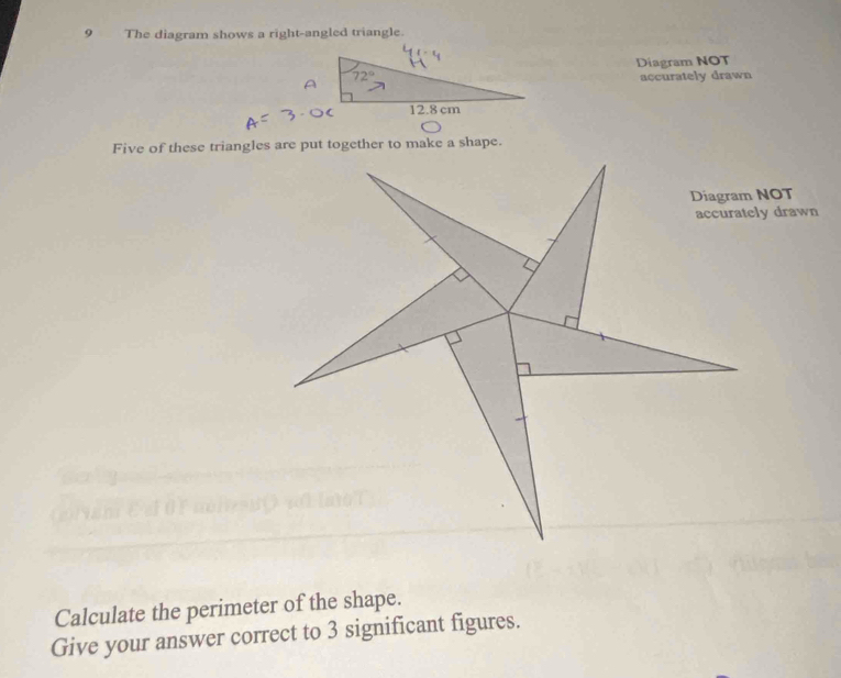 The diagram shows a right-angled triangle. 
Diagram NOT 
accurately drawn 
Calculate the perimeter of the shape. 
Give your answer correct to 3 significant figures.