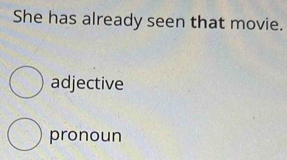 She has already seen that movie.
adjective
pronoun