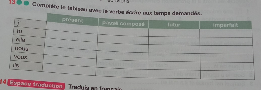 Mons
13 Complète le tableau avec le ve
14Espace traduction Traduis en français