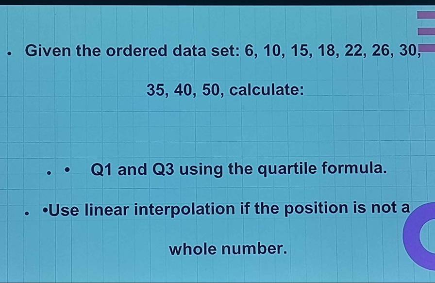 Given the ordered data set: 6, 10, 15, 18, 22, 26, 30,
35, 40, 50, calculate:
Q1 and Q3 using the quartile formula. 
•Use linear interpolation if the position is not a 
whole number.