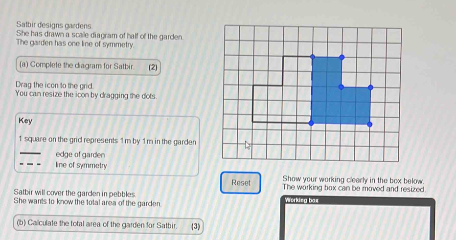 Satbir designs gardens. 
She has drawn a scale diagram of half of the garden. 
The garden has one line of symmetry. 
(a) Complete the diagram for Satbir. (2) 
Drag the icon to the grid. 
You can resize the icon by dragging the dots. 
Key 
1 square on the grid represents 1 m by 1 m in the garden 
_ 
_ 
edge of garden 
line of symmetry 
Show your working clearly in the box below. 
Reset The working box can be moved and resized. 
Satbir will cover the garden in pebbles. Working box 
She wants to know the total area of the garden. 
(b) Calculate the total area of the garden for Satbir. (3)