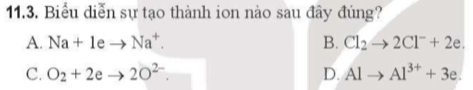 Biểu diễn sự tạo thành ion nào sau đây đúng?
A. Na+Ieto Na^+. B. Cl_2to 2Cl^-+2e.
C. O_2+2eto 2O^(2-). D. Alto Al^(3+)+3e.