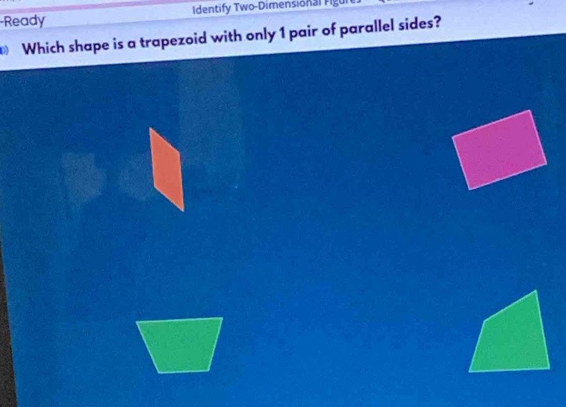 Ready Identify Two-Dimensional rigu 
Which shape is a trapezoid with only 1 pair of parallel sides?