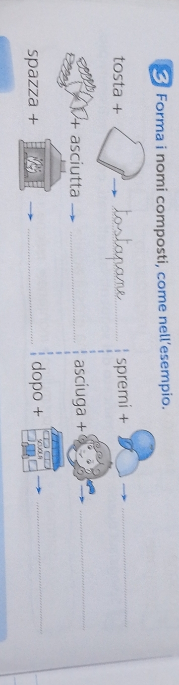 Forma i nomi composti, come nell’esempio. 
tosta + 
_spremi + 
_ 
+ asciutta _asciuga +_ 
spazza + _dopo +_