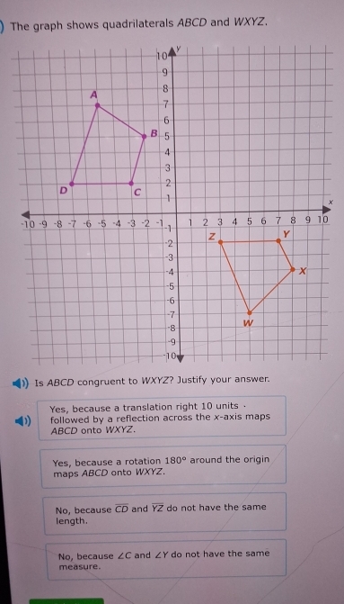 The graph shows quadrilaterals ABCD and WXYZ.
Is ABCD congruent to WXYZ? Justify your answer.
Yes, because a translation right 10 units .
D followed by a reflection across the x-axis maps
ABCD onto WXYZ.
Yes, because a rotation 180° around the origin
maps ABCD onto WXYZ.
No, because overline CD and overline YZ do not have the same
length.
No, because ∠ C and ∠ Y do not have the same
measure