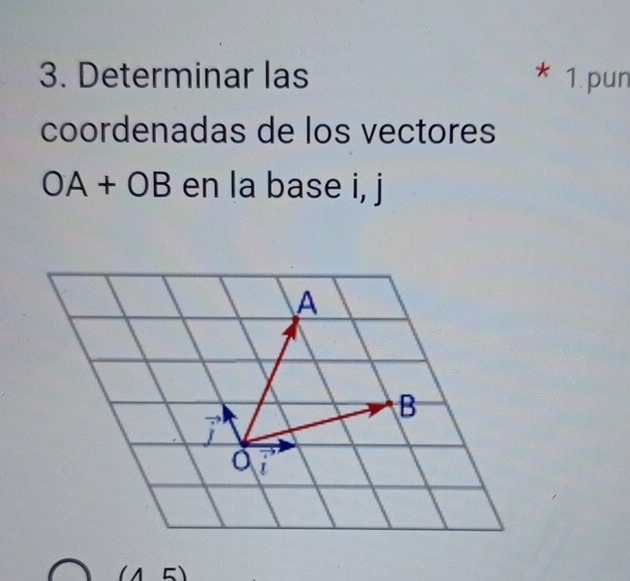 Determinar las 1 pun 
* 
coordenadas de los vectores
OA+OB en la base i, j
(1 5)