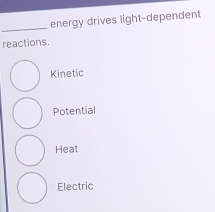 energy drives light-dependent
reactions.
Kinetic
Potential
Heat
Electric