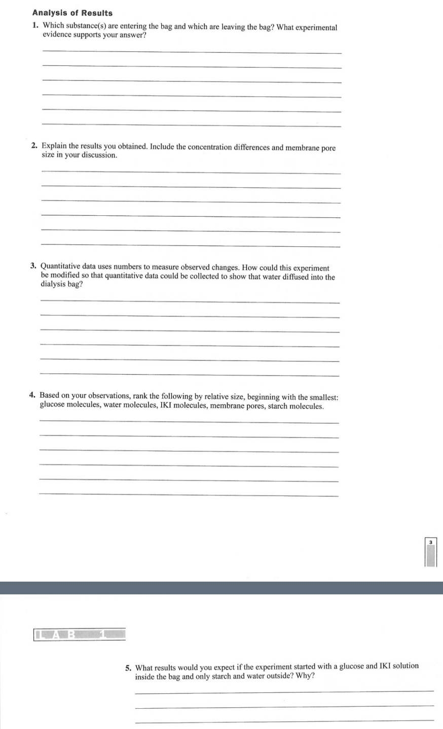 Analysis of Results 
1. Which substance(s) are entering the bag and which are leaving the bag? What experimental 
evidence supports your answer? 
_ 
_ 
_ 
_ 
_ 
_ 
2. Explain the results you obtained. Include the concentration differences and membrane pore 
size in your discussion. 
_ 
_ 
_ 
_ 
_ 
_ 
3. Quantitative data uses numbers to measure observed changes. How could this experiment 
be modified so that quantitative data could be collected to show that water diffused into the 
dialysis bag? 
_ 
_ 
_ 
_ 
_ 
_ 
4. Based on your observations, rank the following by relative size, beginning with the smallest: 
glucose molecules, water molecules, IKI molecules, membrane pores, starch molecules. 
_ 
_ 
_ 
_ 
_ 
_ 
： 
5. What results would you expect if the experiment started with a glucose and IKI solution 
inside the bag and only starch and water outside? Why? 
_ 
_ 
_