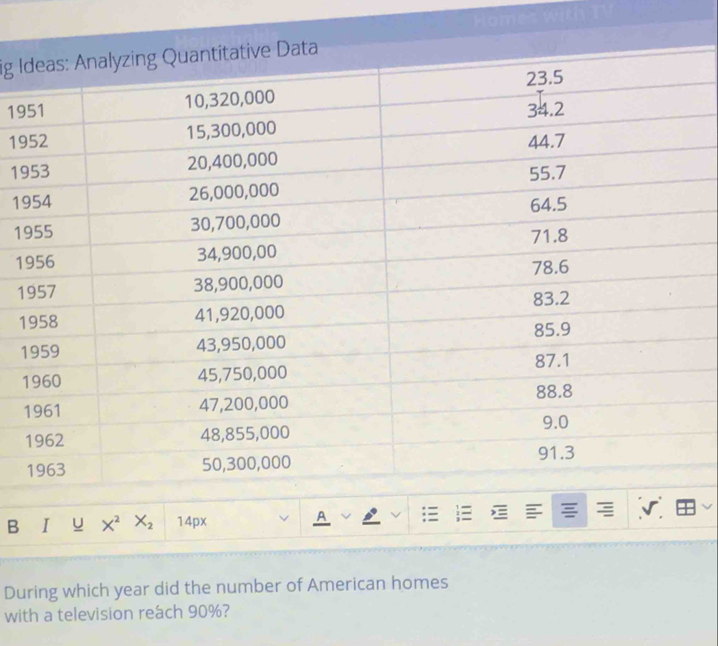 Hom 
ig I 
19 
19
19
19
1
1
1
1
1
1
B I u X^2 X_2 14px A  
During which year did the number of American homes 
with a television reách 90%?