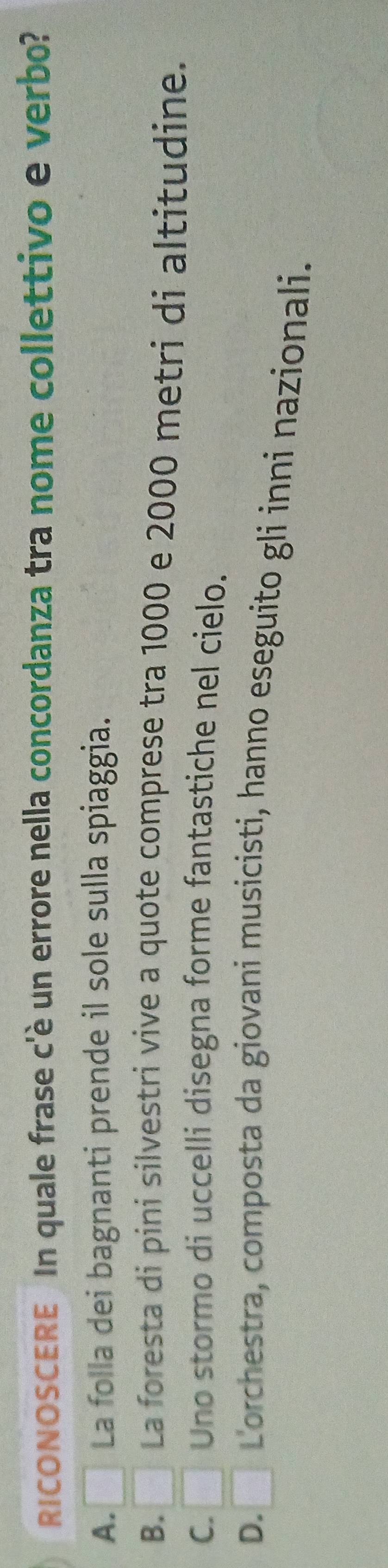 RICONOSCERE In quale frase c'è un errore nella concordanza tra nome collettivo e verbo?
A. □ La folla dei bagnanti prende il sole sulla spiaggia.
B. □ La foresta di pini silvestri vive a quote comprese tra 1000 e 2000 metri di altitudine.
C. □ Uno stormo di uccelli disegna forme fantastiche nel cielo.
D. □ L'orchestra, composta da giovani musicisti, hanno eseguito gli inni nazionali.