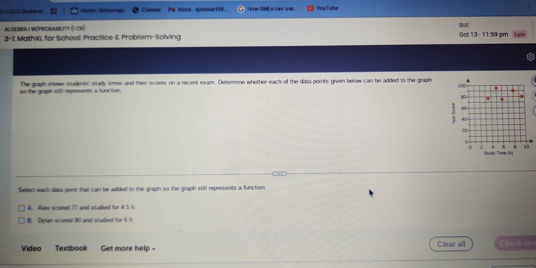 EFCOED Students Home: Schoology Classes Inbox - ejstewart38 ... How SMEs can use.. YouTube
ALGEBRA I W/PROBABILITY (1 CR)
DUE
3-1: MathXL for School: Practice & Problem-Solving Oct 13 - 11:59 pm Late
The graph shows students' study times and their scores on a recent exam. Determine whether each of the data points given below can be added to the graph
100
so the graph still represents a function
80 6
60
40
20 -
0
0 2 4 6 B 10
Study Time (h)
( … )
Select each data point that can be added to the graph so the graph still represents a function
A. Alex scored 77 and studied for 4.5 h
B. Dylan scored 90 and studied for 6 h.
Video Textbook Get more help - Clear all Check ans