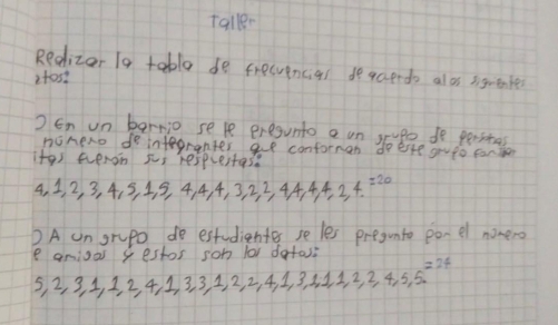 Talle 
Redizor lo table do freevencial deqcardo alo sigrentes 
itost 
) En un berrio se l pregunto o un srupe do perstes 
nonero dointegranter ge conforman doeste grugo canter 
itgs everon sus resprestas?
4, 1, 2, 3, 4, 5, 1, 5, 4, 4, 4, 3, 2, 4 444. 2 4 
DA ungrupo do estudientes se les pregunto pon el nomero 
e anioo sestor son lor dafas?
5, 2, 3, 1, 1, 2, 4, 1, 3, 3, 1, 2, 2, 4, 1, 3, 1, 1, 2, 2, 4, 5, 5=24