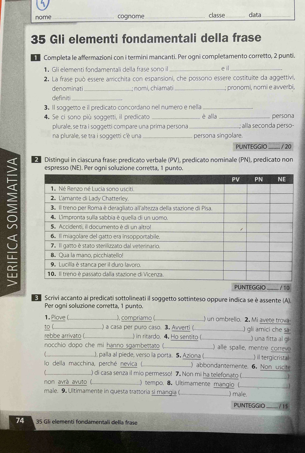 nome _cognome _classe _data_
35 Gli elementi fondamentali della frase
1 Completa le affermazioni con i termini mancanti. Per ogni completamento corretto, 2 punti.
1. Gli elementi fondamentali della frase sono il_ e il_
2. La frase può essere arricchita con espansioni, che possono essere costituite da aggettivi,
denominati_ ; nomi, chiamati _ pronomi, nomi e avverbi,
definiti_
3. Il soggetto e il predicato concordano nel numero e nella_
4. Se ci sono più soggetti, il predicato _è alla _persona
plurale, se tra i soggetti compare una prima persona _: alla seconda perso-
na plurale, se tra i soggetti cè una _persona singolare.
PUNTEGGIO _/ 20

2 Distingui in ciascuna frase: predicato verbale (PV), predicato nominale (PN), predicato non
espresso (NE). Per ogni soluzione corretta, 1 punto.
PUNTEGGIO _... / 10
B Scrivi accanto ai predicati sottolineati il soggetto sottinteso oppure indica se è assente (A).
Per ogni soluzione corretta, 1 punto.
1. Piove (_ .), compriamo (._ ) un ombrello. 2. Mi avete trova
to (.._ ...) a casa per puro caso. 3. Avverti (..._ ) gli amici che s
rebbe arrivato (._ ) in ritardo. 4. Ho sentito (_ ..) una fitta al gi
nocchio dopo che mi hanno sgambettato (._ ...) alle spalle, mentre correv
_..), palla al piede, verso la porta. 5. Aziona (._ ) il tergicristal
lo della macchina, perché nevica (._ ) abbondantemente. 6. Non uscite
_) di) casa senza il mio permesso! 7. Non mi ha telefonato (..._
non avrà avuto (._ ) tempo. 8. Ultimamente mangio (_
male. 9. Ultimamente in questa trattoria si mangia (._ ) male.
PUNTEGGIO _.... / 15
74  35 GIi elementi fondamentali della frase