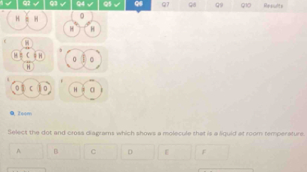 Q2 Q3 Q4 Q5 Q6 Q7 Q6 Q9 Q10 Results
H H 0
H H
H
D
H C #H 0 0
H
0 1 0 H = Cl
Q Toom
Select the dot and cross diagrams which shows a molecule that is a liquid at room temperature.
A B C D E F