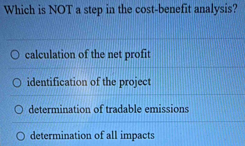 Which is NOT a step in the cost-benefit analysis?
calculation of the net profit
identification of the project
determination of tradable emissions
determination of all impacts