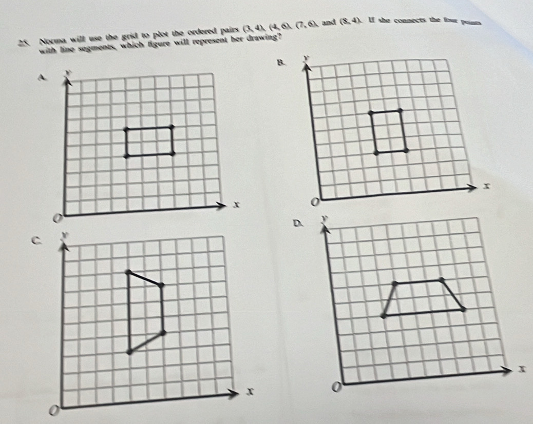 Norma will use the grid to plot the ordered pairs (3,4)(4,6)(7,6) and (S,4) lf she connects the four points 
with line sogments, which figure will represent her drawing? 
B. 
A