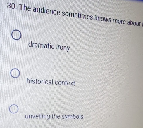 The audience sometimes knows more about
dramatic irony
historical context
unveiling the symbols