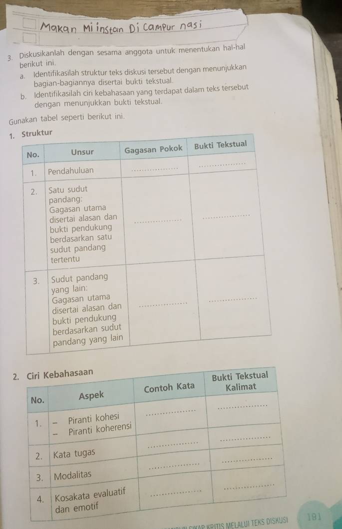 Diskusikanlah dengan sesama anggota untuk menentukan hal-hal 
berikut ini. 
a. Identifikasilah struktur teks diskusi tersebut dengan menunjukkan 
bagian-bagiannya disertai bukti tekstual. 
b. Identifikasilah ciri kebahasaan yang terdapat dalam teks tersebut 
dengan menunjukkan bukti tekstual. 
Gunakan tabel seperti berikut ini. 
1 
KUnCıKAr KRItıs Melalui Teks Disk191