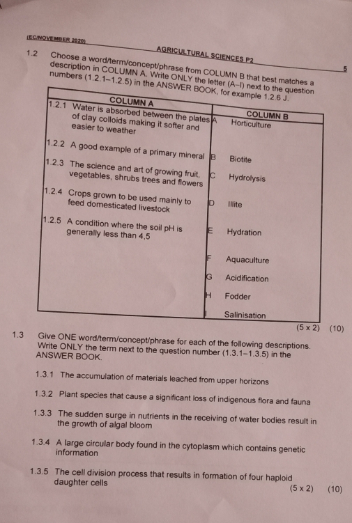 (E C/NOVEMB ER 20 20 ) AGRICULtuRAL SCieNCES P2
5
1.2 Choose a word/term/concept/phrase from COLUMN B that best matches a
description in COLUMN A. Write ONLY the letter (A-I) next to the question
numbers (1.2.1-1.2.5) in the ANSWER BOOK, for example 1.2.6 J.
COLUMN A COLUMN B
1.2.1 Water is absorbed between the plates A Horticulture
of clay colloids making it softer and
easier to weather
1.2.2 A good example of a primary mineral 6 Biotite
1.2.3 The science and art of growing fruit, C Hydrolysis
vegetables, shrubs trees and flowers
1.2.4 Crops grown to be used mainly to D Illite
feed domesticated livestock
1.2.5 A condition where the soil pH is E£ Hydration
generally less than 4,5
F Aquaculture
G Acidification
H Fodder
Salinisation
(5* 2) (10)
1.3 Give ONE word/term/concept/phrase for each of the following descriptions.
Write ONLY the term next to the question number (1.3.1-1.3.5)
ANSWER BOOK. in the
1.3.1 The accumulation of materials leached from upper horizons
1.3.2 Plant species that cause a significant loss of indigenous flora and fauna
1.3.3 The sudden surge in nutrients in the receiving of water bodies result in
the growth of algal bloom
1.3.4 A large circular body found in the cytoplasm which contains genetic
information
1.3.5 The cell division process that results in formation of four haploid
daughter cells (10)
(5* 2)