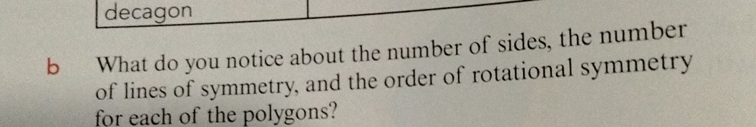 decagon 
b What do you notice about the number of sides, the number 
of lines of symmetry, and the order of rotational symmetry 
for each of the polygons?