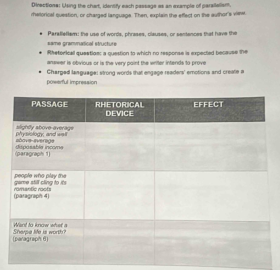 Directions: Using the chart, identify each passage as an example of parallelism, 
rhetorical question, or charged language. Then, explain the effect on the author's view. 
Parallelism: the use of words, phrases, clauses, or sentences that have the 
same grammatical structure 
Rhetorical question: a question to which no response is expected because the 
answer is obvious or is the very point the writer intends to prove 
Charged language: strong words that engage readers' emotions and create a 
powerful impression