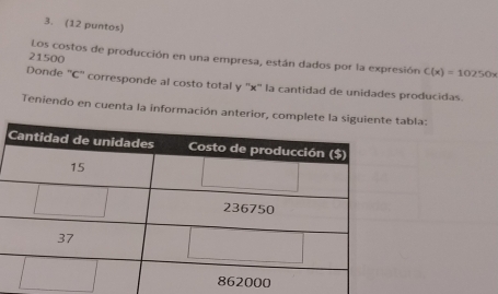 (12 puntos) 
21500 
Los costos de producción en una empresa, están dados por la expresión C(x)=10250x
Donde "C '' corresponde al costo total y '' x '' la cantidad de unidades producidas. 
Teniendo en cuenta la información antabla: