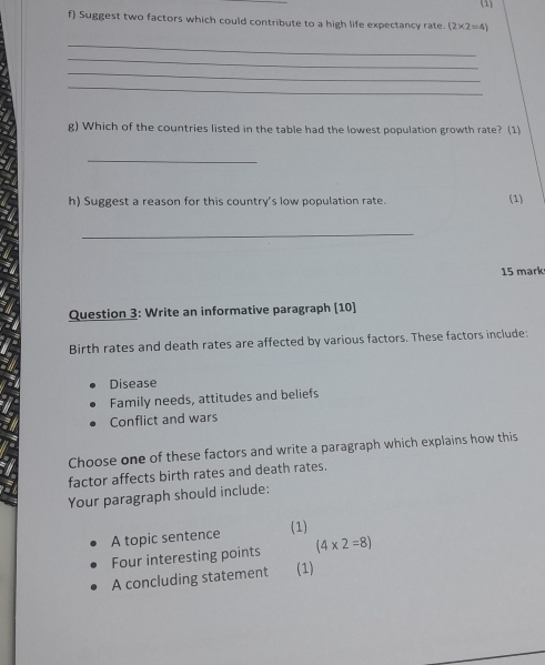 (1) 
f) Suggest two factors which could contribute to a high life expectancy rate (2* 2=4)
_ 
_ 
_ 
_ 
g) Which of the countries listed in the table had the lowest population growth rate? (1) 
_ 
h) Suggest a reason for this country's low population rate. (1) 
_ 
15 mark 
Question 3: Write an informative paragraph [10] 
Birth rates and death rates are affected by various factors. These factors include: 
Disease 
Family needs, attitudes and beliefs 
Conflict and wars 
Choose one of these factors and write a paragraph which explains how this 
factor affects birth rates and death rates. 
Your paragraph should include; 
(1) 
A topic sentence (4* 2=8)
Four interesting points 
A concluding statement (1)
