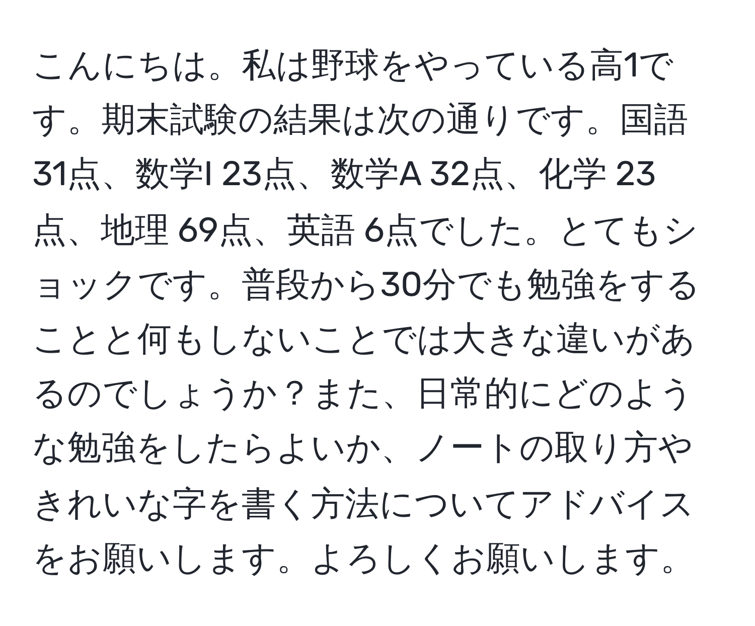 こんにちは。私は野球をやっている高1です。期末試験の結果は次の通りです。国語 31点、数学I 23点、数学A 32点、化学 23点、地理 69点、英語 6点でした。とてもショックです。普段から30分でも勉強をすることと何もしないことでは大きな違いがあるのでしょうか？また、日常的にどのような勉強をしたらよいか、ノートの取り方やきれいな字を書く方法についてアドバイスをお願いします。よろしくお願いします。