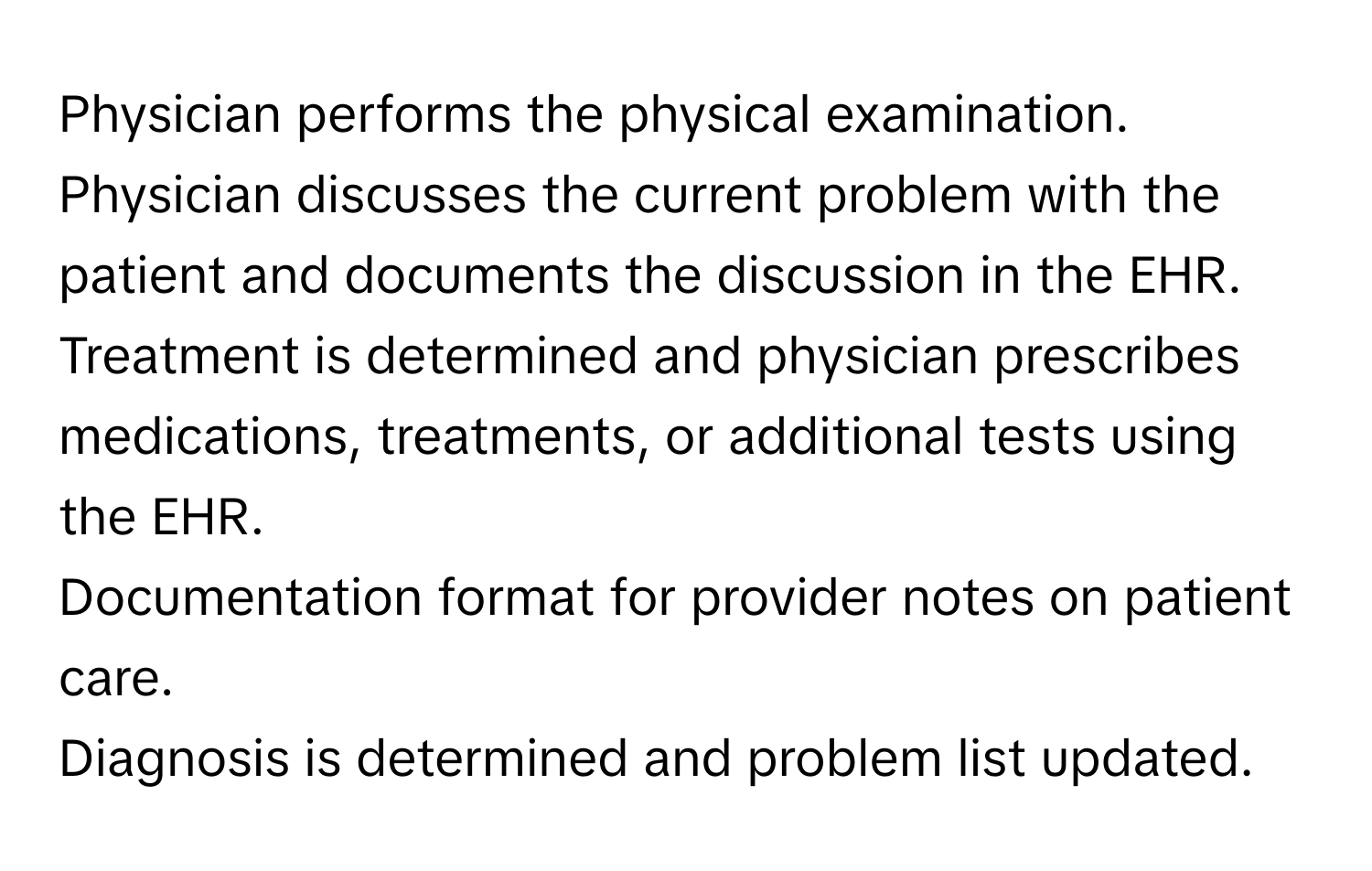 Physician performs the physical examination.
Physician discusses the current problem with the patient and documents the discussion in the EHR.
Treatment is determined and physician prescribes medications, treatments, or additional tests using the EHR.
Documentation format for provider notes on patient care.
Diagnosis is determined and problem list updated.