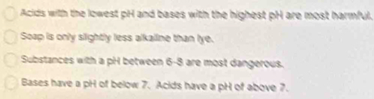 Acids with the lowest pH and bases with the highest pH are most harmful.
Soap is only slightly less alkaline than lye.
Substances with a pH between 6-8 are most dangerous.
Bases have a pH of below 7. Acids have a pH of above 7.