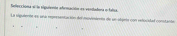 Selecciona si la siguiente afrmación es verdadera o falsa. 
La siguiente es una representación del movimiento de un objeto con velocidad constante: