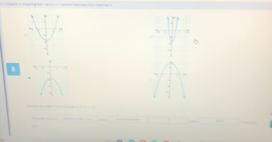 II > Chapter 3: Graphing f(x)=ax^(wedge)2+c> Section Exercises 3.2> Exercise 3 
8 
. 
Compare the graph of it to the graph of f(2) = 2
ophot h i efection in the a d0 and A ters tracals